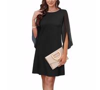 XFSRG Kleid Damen 3/4 Ärmel Chiffon Elegant Rundhals Midikleider Loose Fit A Linie Freizeitkleid Cocktailkleid Partykleid(Schwarz/L)