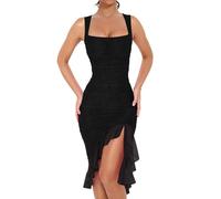 XFSRG Kleid Damen Ärmellos Sexy Gerüschtes Figurbetontes Quadratischer Ausschnitt Rüschen Tankkleid Abendkleider Partykleid(Schwarz/S)
