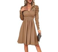 XFSRG Kleid Damen Langarm V Ausschnitt Blusekleid Elegant Freizeitkleid Locker Kleider Festliche Kleider für Hochzeit Vintage Cocktailkleid (Khaki/M)