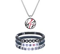 XFSRG Kpop Fan Schmuck Set Edelstahl Halskette mit Grafischem Anhänger und 3 Bunte Armbänder aus Polymer Clay Unisex Streetstyle Accessoire (Weiß)
