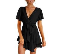 XFSRG Kurzarm Kleid Damen Sexy V Ausschnitt Wickelkleid Sommerkleid Elegant Rüschen Minikleid Casual Swing Skater Abendkleider Partykleid mit Gürtel(Schwarz/XL)