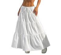 XFSRG Langer Rock Damen Sommer Hohe Taille Elastischer A Linie Elegant Lang Boho Maxirock Stufenrock Freizeitrock mit Kordelzug(Weiß/S)