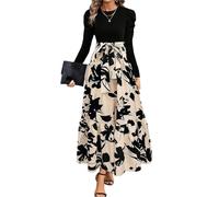 XFSRG Maxikleid Damen Langarm Rundhalsausschnitt Blumen Maxilang Kleid Rüschen Hohe Taille Langes Lockeres Bodenlanger Freizeitkleid(Beige/Langärmel-S)