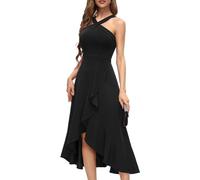XFSRG Maxikleid Damen Neckholder Maxilang Kleid Wickelkleid Elegant Rüschen Sommerkleid Sexy Schlitz Bodycon Cocktailkleid Abendkleider Partykleid(Schwarz/L)