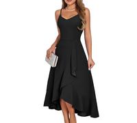 XFSRG Maxikleid Damen Neckholder Spaghetti Elegant Kleid Knielang Rüschensaum Sommerkleid Hochzeit Partykleid Cocktailkleid(Schwarz/M)