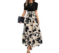 XFSRG Maxikleid Damen Rundhalsausschnitt Kurzarm Blumen Maxilang Kleid Sommer Rüschen Hohe Taille Langes Lockeres Bodenlanger Freizeitkleid(Beige/S)