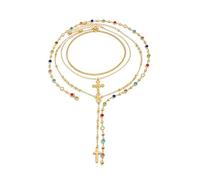 XFSRG Mehrlagige Kreuz Halskette 4 Teilig mit Bunten Strasssteinen und Quaste Boho Vintage Layering Collier für Damen Elegante Schlüsselbein Kette (Gold)