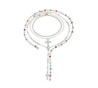 XFSRG Mehrlagige Kreuz Halskette 4 Teilig mit Bunten Strasssteinen und Quaste Boho Vintage Layering Collier für Damen Elegante Schlüsselbein Kette (Silber)