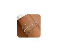 XFSRG Mehrlagiges Kettenarmband Set für Damen Vintage Messing Armbänder 3 Lagig mit Zirkonia und Perlen Details Eleganter Schmuck für den Alltag (Silber)