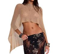 XFSRG Poncho Damen Transparenter Leichte Strickponcho Asymmetrisch Multifunktional Mesh Shrugs Häkeltops für Sommer und Frühling(Braun)