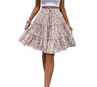 XFSRG Rock Damen Sommer Blumen Boho Plissee Kurz A Linie Hoher Taille Elegante Elasticher Minirock Freizeitrock(Weiß/L)