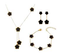XFSRG Schmuck Set Glückliches Fünfblättriges Kleeblatt Legierung Schmuckset Ohrringe Armbänder Halskette ideal für Geschenke Besondere Anlässe und Frauen(Schwarz)