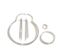 XFSRG Schmuckset Damen Hochzeit 4 Stück Brautschmuck Set Armband Halskette Ohrringe Ring mit Strass Modeschmuck Glitzer Silber Elegante Schmuck Set Geschenk für Braut