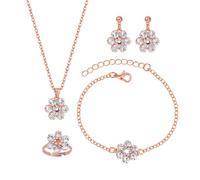 XFSRG Schmucksets Für Damen Blumen Design Silber Halskette Ohrringe Armband Ring Schmuckset Damen Elegantes Accessoire Für Hochzeit Party (Roségold, 4 Stück)