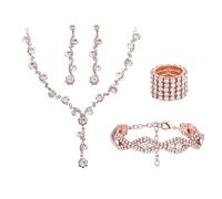 XFSRG Schmucksets Für Damen Elegant Gold Kristall Schmuckset Damen Halskette Ohrringe Armband Ring Party Hochzeit (Roségold, 4 Stück)
