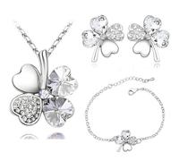 XFSRG Schmucksets für Damen Glücks Kleeblatt Halskette mit Kristall Anhänger Passende Ohrringe und Armband Elegantes Schmuck Set Ideal für Hochzeiten und Partys (Silber)