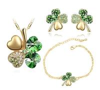 XFSRG Schmucksets für Damen Glücks Kleeblatt Halskette mit Kristall Anhänger Passende Ohrringe und Armband Elegantes Schmuck Set Ideal für Hochzeiten und Partys (Grün-1)