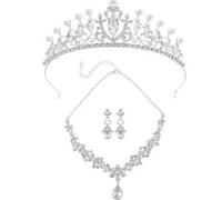 XFSRG Schmucksets für Damen Luxuriöses Kristall und Perlen Set Brautschmuck Set Silber Elegantes Schmuckset für Hochzeit und besondere Anlässe (Silber)