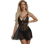 XFSRG Sexy Damen Negligee Transparentes Nachtkleid mit Spitze und Trägern A-Linie Schlafkleid aus Weichem Netzstoff Verführerische Nachtwäsche für Frauen (Schwarz L)