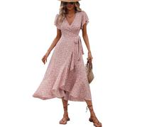 XFSRG Sommerkleid Damen Blumen Kurzarm V Ausschnitt Langes Elegant Rüschen mit Gürtel Maxikleid Freizeitkleider Strandkleid(Rosa/XL)