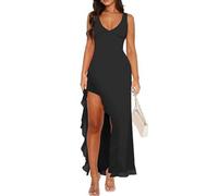 XFSRG Sommerkleid Damen Sexy Schlitz V Ausschnitt Maxikleid Elegant Rüschen Bodycon Abendkleider Cocktailkleid Partykleid(Schwarz/XL)