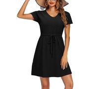 XFSRG Strandkleid Damen Kurzarm V Ausschnitt Sommer Bikini Cover Up Rüschen Lässig Strandponcho Sommerkleid(Schwarz/XL)