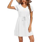 XFSRG Strandkleid Damen Kurzarm V Ausschnitt Sommer Bikini Cover Up Rüschen Lässig Strandponcho Sommerkleid(Weiß/L)