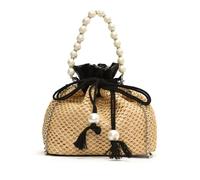 XFSRG Strandtasche Damen Perlen Stroh Clutch Vintage Boho Stil Handtasche Strohtasche mit Kette für Strand Hochzeitstasche Party Urlaub(Schwarz)