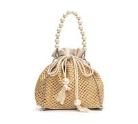 XFSRG Strandtasche Damen Perlen Stroh Clutch Vintage Boho Stil Handtasche Strohtasche mit Kette für Strand Hochzeitstasche Party Urlaub(Beige)