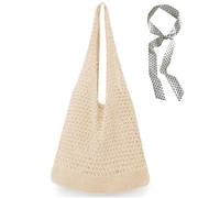 XFSRG Strandtasche Damen Sommer Boho Gehäkelte Tasche Beach Bag Tote Bag Häkeltasche Mesh Strand Tasche Sommertaschen mit Seidentuch für Sommerurlaub Alltag (Beige)