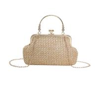 XFSRG Strandtasche Damen Stroh Clutch Abendhandtasche Sommer Gewebt Umhängetasche mit Kette für Party Bankett und Urlaub (Khaki)