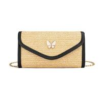 XFSRG Strandtasche Damen Strohtaschen Crossbody Umhängetasche Mode Schultertasche mit Abnehmbarer Kette für Reisen Party und Freizeit (Schwarz)