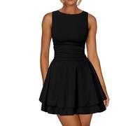 XFSRG Tank Ärmellos Kleid Damen Sexy Rundhals Minikleid Rüschen Enges Kurzes Bodycon Elegant Cocktailkleid Abendkleider Partykleid(Schwarz/M)