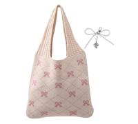 XFSRG Tasche Damen Häkeltasche Rosa Schleifen Strandtasche Geflochtene Tasche Leichte Tote Bag für Alltag mit Perlen Anhänger Schleife Shopping und Urlaub（Rosa）