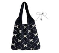 XFSRG Tasche Damen Häkeltasche Rosa Schleifen Strandtasche Geflochtene Tasche Leichte Tote Bag für Alltag mit Perlen Anhänger Schleife Shopping und Urlaub（Schwarz）