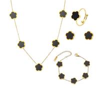 XFSRG Vierblättriges Glücksklee Schmuckset 18k Legierung Blumenschmuck mit Ohrringe Halskette Armband Ring Anhänger Party Schmuck Set für Frauen und Mädchen Muttertags,Valentinstag(Schwarz)