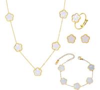 XFSRG Vierblättriges Glücksklee Schmuckset 18k Legierung Blumenschmuck mit Ohrringe Halskette Armband Ring Anhänger Party Schmuck Set für Frauen und Mädchen Muttertags,Valentinstag(Weiß)