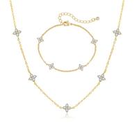 XFSRG Vierblättriges Kleeblatt Schmuck Set 18 Karat Vergoldet Verstellbare Choker Halskette Armband Set mit Zirkonia Zierliches Hochzeit Braut Schmuck Geschenke für Damen und Mädchen (Gold)