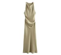 XGMTHBDD Kleid Sommer Frauen ärmellose Fashion Temperament sexy seidensatin textur midi Long elegant-Khaki-s