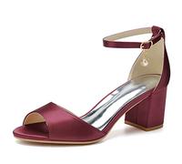 XHLZAAUE Brautschuhe Damen Sandaletten Peep Zehen Knöchelriemen Sommerschuhe mit Blockabsatz 6CM,Burgundy,39 EU