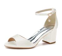 XHLZAAUE Brautschuhe Damen Sandaletten Peep Zehen Knöchelriemen Sommerschuhe mit Blockabsatz 6CM,Elfenbein,35 EU
