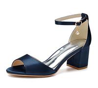 XHLZAAUE Brautschuhe Damen Sandaletten Peep Zehen Knöchelriemen Sommerschuhe mit Blockabsatz 6CM,Marine,39 EU