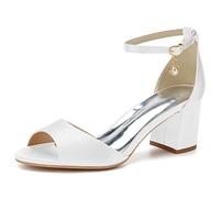 XHLZAAUE Brautschuhe Damen Sandaletten Peep Zehen Knöchelriemen Sommerschuhe mit Blockabsatz 6CM,Weiß,39 EU