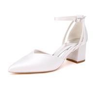 XHLZAAUE Brautschuhe Damen Spitze Zehen Knöchelriemen Spangenpumps Blockabsatz 6CM,Elfenbein,38 EU