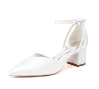 XHLZAAUE Brautschuhe Damen Spitze Zehen Knöchelriemen Spangenpumps Blockabsatz 6CM,Weiß,39 EU