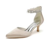 XHLZAAUE Brautschuhe Damen Strass Knöchelriemen Kätzchenabsatz Geschlossene Zehen Pumpen mit Reißverschluss,Champagne,35 EU