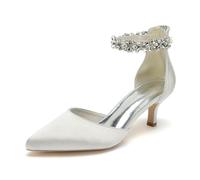 XHLZAAUE Brautschuhe Damen Strass Knöchelriemen Kätzchenabsatz Geschlossene Zehen Pumpen mit Reißverschluss,Elfenbein,36 EU