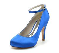 XHLZAAUE Damen Geschlossene Zehen mit Pfennigabsatz Knöchelriemen Spangenpumps Satin Hochzeitsschuhe Abendschuhe,Blau,38 EU
