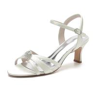 XHLZAAUE Damen Offener Zehen Satin Knöchelriemen Komfort Absatz Hochzeitsschuhe Brautschuhe mit Strass,Elfenbein,43 EU