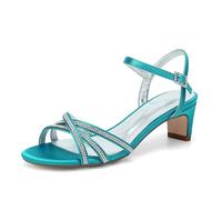 XHLZAAUE Damen Sandaletten mit Blockabsatz Hoher Absatz Offener Zehen Knöchelriemen Sommerschuhe mit Strass,Cyan,38 EU